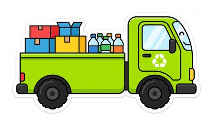 Fototapeta premium Cute Green Garbage Recycling Truck Vector Clipart Isolated on White Background