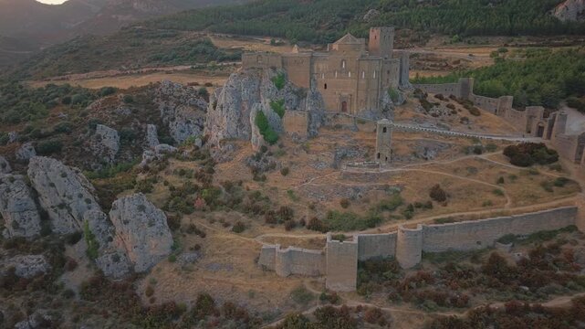 Cinematic aerial tracking shot of Loarre Castle in Huesca Spain