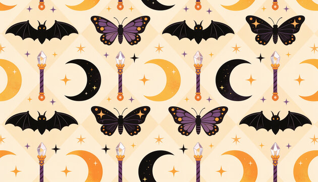 Halloween seamless pattern background, witchy celestial crescent moon, mystical butterfly moth vector, spooky bat wand illustration, gothic witch alchemy backdrop, pastel halloween print.