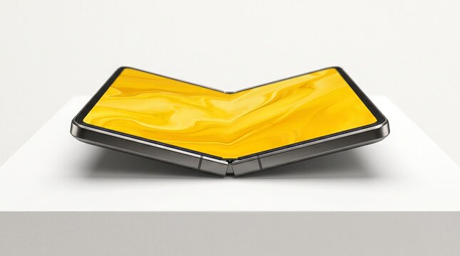 Innovative foldable smartphone on display with bright yellow screen design