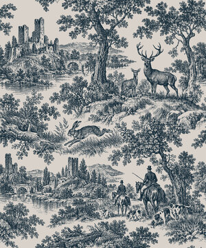 Seamless vector pattern with engraved hunters, hounds, deers and hare on the background of river, bridge and castle ruins. Vintage ink drawing.