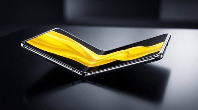 Sleek foldable smartphone with bright yellow display on dark background