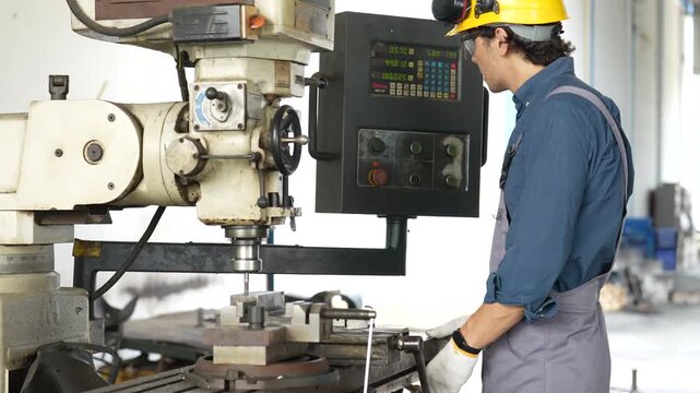 Industrial worker operating milling machine metal workshop with protective equipment, focused expression, safety helmet, protective clothing, machine operator performing precision machining