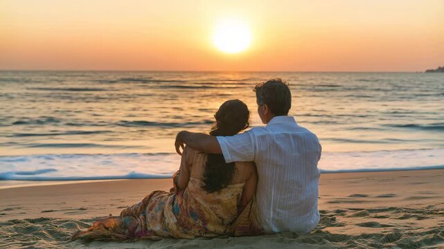 Lovers couple sitting on a beach at sunset
