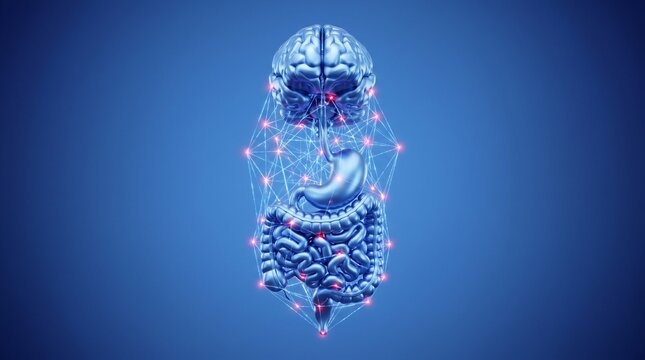 Conceptual illustration of the gut brain axis showing the neural connection between the human brain and digestive system