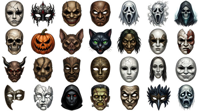A collection of scary halloween masks featuring ghosts monsters skulls and creepy faces for costume parties
