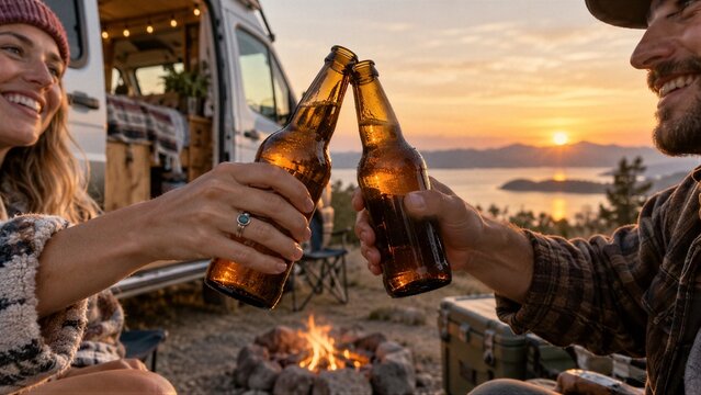 Happy couple celebrates their camping trip by clinking beer bottles during a sunset near a campfire and camper van.