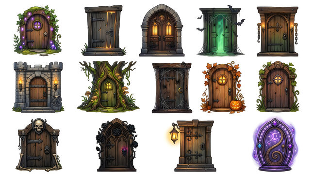 Collection of various mystical and spooky door designs perfect for a creative halloween themed graphic project