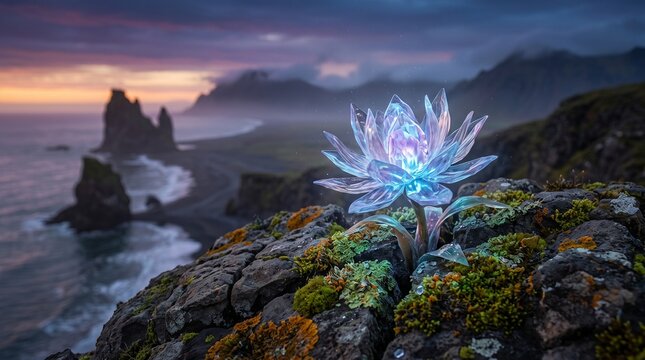 Glowing crystal lotus flower on rocky cliff with magic healing energy in cinematic fantasy coastal landscape at sunset