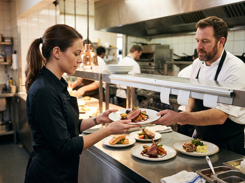 Waitress receiving hot gourmet meat dish from chef over service pass counter in busy commercial kitchen