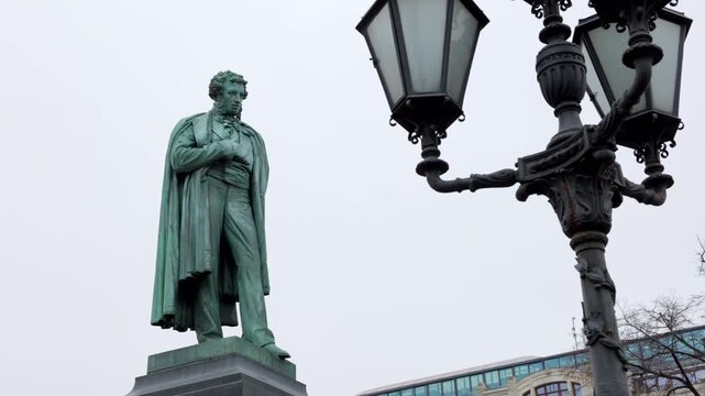 Alexander Pushkin monument in Moscow on a snowless winter day, Russia