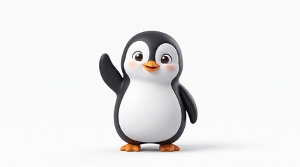 Obraz premium Cute 3D Penguin Mascot Waving Flipper on White Background