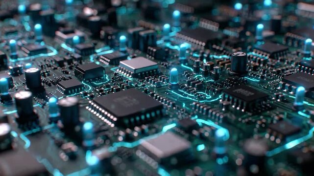 Motherboard circuit board with glowing electrons and signals powering a cpu processor for artificial intelligence data processing