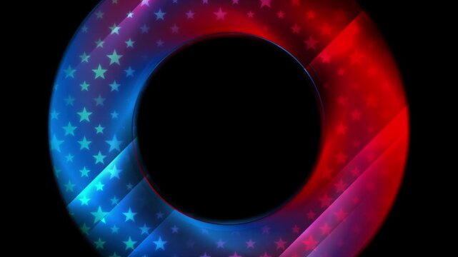 Patriotic American red and blue glowing circle ring with stars on black background. USA flag colors concept. Seamless loop. Video animation Ultra HD 4K 3840x2160