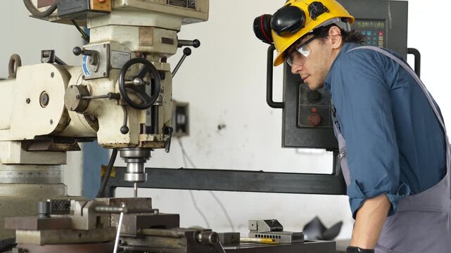 Industrial worker operating milling machine metal workshop, machine operator performing precision metalworking and machining production with protective helmet, safety glasses, focused manufacturing