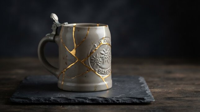 Traditional Bavarian beer stein repaired with golden kintsugi cracks on dark slate, rustic Oktoberfest ceramic mug with pewter lid.