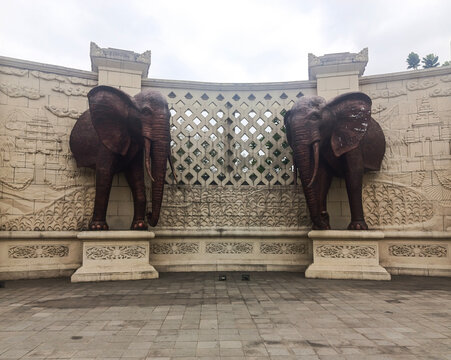 Elephant Statues on The Way to Borobudur Temple Magelang Central Java Indonesia