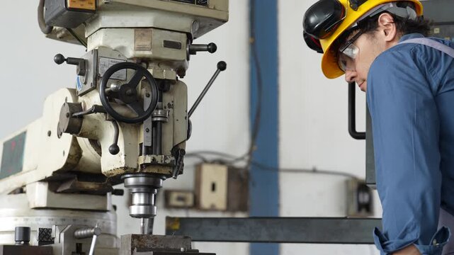 CNC milling machine industrial worker metalworking manufacturing process factory workshop, machinist operating vertical equipment with protective helmet, focused expression, and complete safety