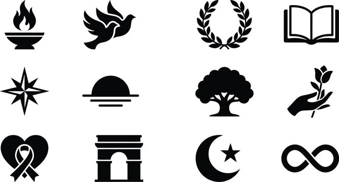Collection of symbolic black icons representing hope peace remembrance and cultural concepts