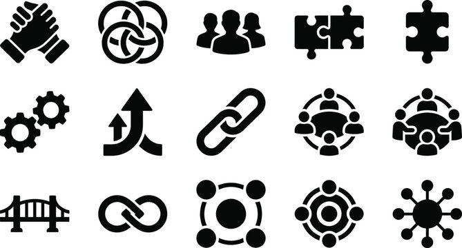 Collection of black silhouette icons representing connection teamwork and problem solving