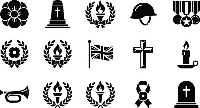 Collection of remembrance icons including flags medals and memorial symbols