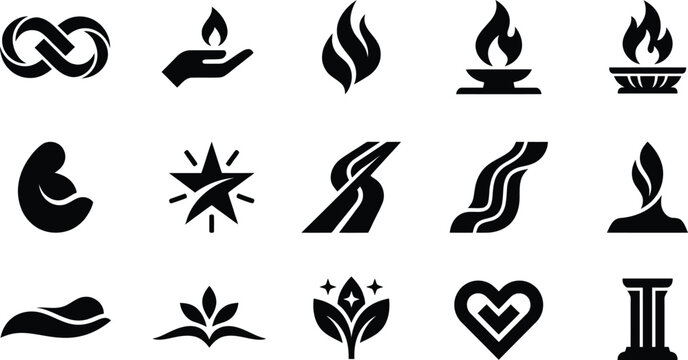 Collection of black silhouette icons representing hope protection and spiritual concepts