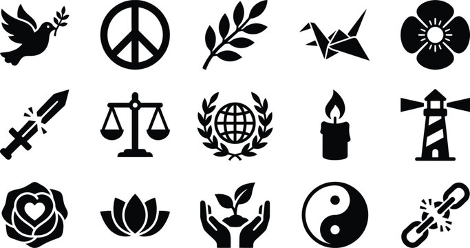 Collection of black silhouette icons representing peace justice and hope