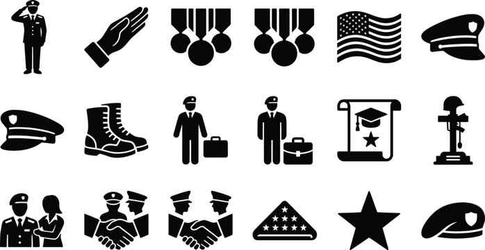 Collection of military and patriotic icons representing service honor and american values