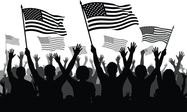 Crowd of people waving american flags in a patriotic display of national pride