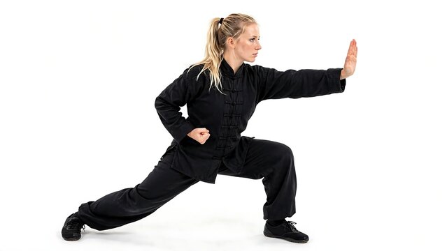Caucasian Woman in Black Kung Fu Uniform Performing Low Stance Palm Strike Isolated on White Background for Tai Chi Martial Arts Fitness and Self Defense