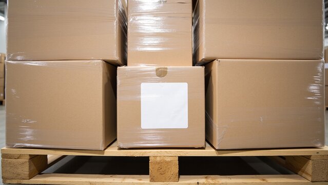 Blank Shrink Wrapped Boxes on Wooden Pallet