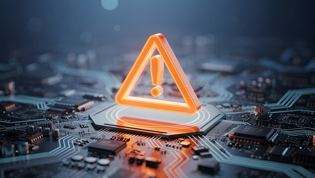 Cybersecurity threat concept with glowing orange warning triangle alert hovering over futuristic computer circuit board
