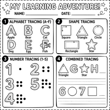 Educational preschool tracing worksheet for alphabet, shapes, and numbers practice Vector, illustration