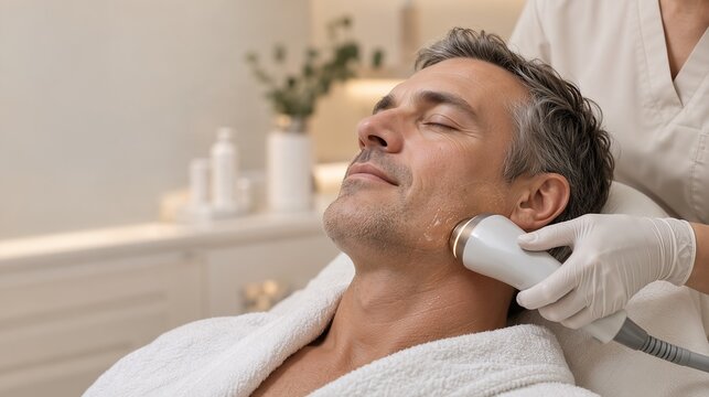 Mature Man Receiving Ultrasonic Facial Treatment In Aesthetic Clinic Concept Of Male Grooming And Anti Aging Skincare