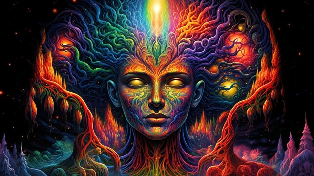 Psychedelic Visionary Art Of Serene Face With Glowing Third Eye Concept Of Spiritual Awakening Consciousness And Meditation