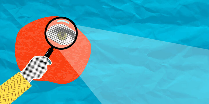 Horizontal banner with hand holding magnifying glass that reveals big eye and shines light beam. Retro halftone concept of search, investigation, or surveillance on crumpled blue paper background.