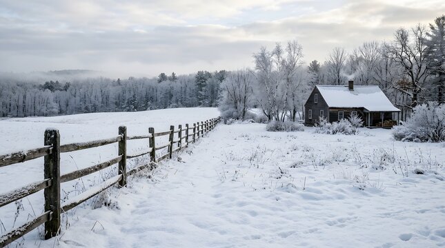 Remote Rustic Cabin Nestled in a Snowy Winter Landscape with Wooden Fence