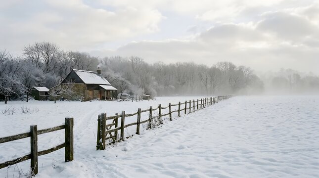 Peaceful winter landscape with a snow-covered fence leading to a rustic farmhouse under a misty sky