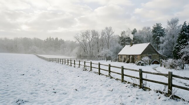 Serene winter landscape with a cozy snow-covered stone cottage and winding wooden fence