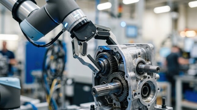 Collaborative robot gripping an unfinished gearbox with blue status lights reflecting on polished aluminum panels