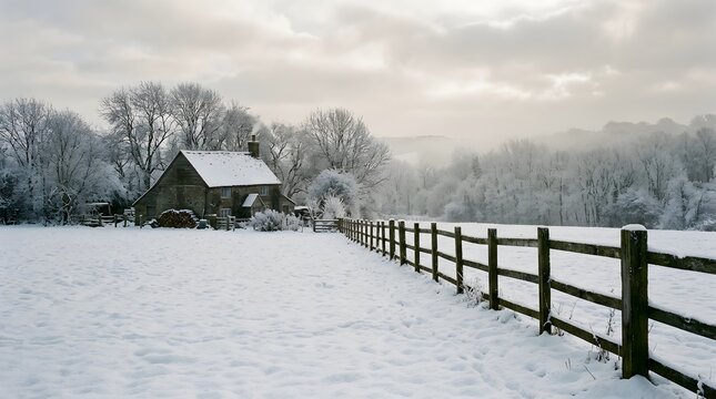 Serene winter landscape with a snow-covered cottage nestled among frost-kissed trees