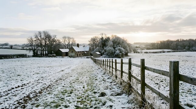 Snow-covered countryside landscape with rustic wooden fence and cottage