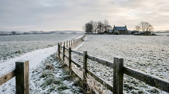 Scenic winter landscape with a wooden fence leading to a country house