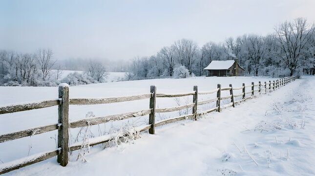 Peaceful winter landscape with a wooden fence and snow-covered trees