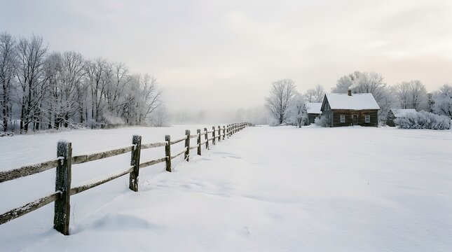 Snowy Fence Line Leading to Rustic House in Winter Landscape