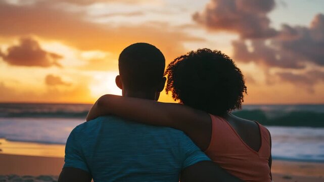 Lovers couple sitting on a beach at sunset