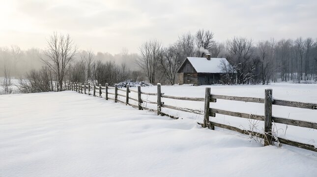 Peaceful Winter Landscape with Snow Covered Cabin and Wooden Fence