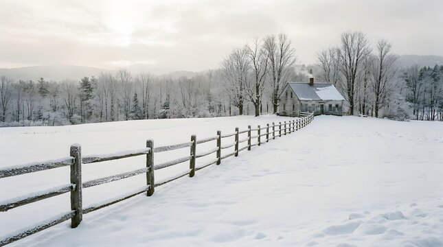 Rural Winter Landscape with Wooden Fence and Small House in Snowy Field
