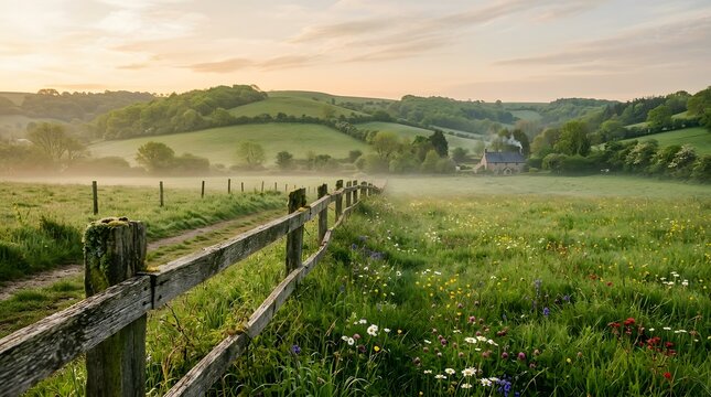 Misty Morning Sunlight Over a Rolling Countryside Field with Wooden Fence