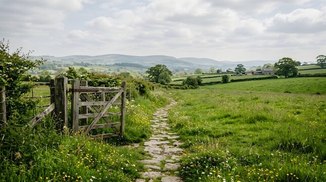 Peaceful Countryside Landscape with a Stone Path and Wooden Gate